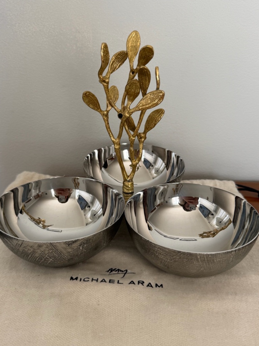 Michael Aram Silver Bowls with Gold Branch Handle Triple Server